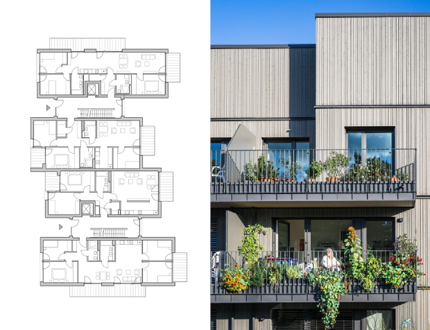 Der Grundrissplan eines Hauses zeigt barrierefreie Familienwohnungen, die mit einem Aufzug erreichbar sind und großzügige Balkone als Freisitz anbieten.