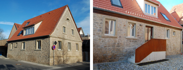 Zwei Bilder nebeneinander: Auf dem linken Bild ist die Ansicht von Westen und auf dem rechten Bild die Hofansicht des sanierten Dreiseithofs in der Gemeinde Kürnach zu sehen. Zwei Bilder nebeneinander: Auf dem linken Bild ist die Ansicht von Westen und auf dem rechten Bild die Hofansicht des sanierten Dreiseithofs in der Gemeinde Kürnach zu sehen.