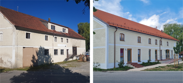 Zwei Bilder nebeneinander: auf dem linken Bild ist der ehemalige Pfarrstadl in Lohkirchen vor der Sanierung und auf dem rechten Bild nach Abschluss der Sanierung zu sehen. Zwei Bilder nebeneinander: auf dem linken Bild ist der ehemalige Pfarrstadl in Lohkirchen vor der Sanierung und auf dem rechten Bild nach Abschluss der Sanierung zu sehen.