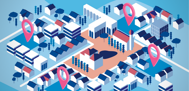 Grafische Darstellung einer Stadt. Leerstehende Flächen zwischen Gebäuden sind durch pinke Pins gekennzeichnet. - © StMB