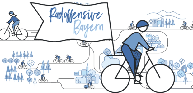 Die einfach gehaltene Grafik zeigt Fahrräder, die entlang von Wegen in Stadt und Land unterwegs sind. Text: Radoffensive Bayern. - © StMB
