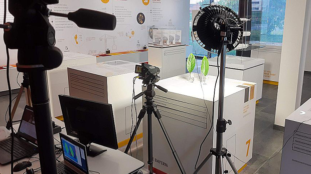 Eine Szene in einem Fotostudio. Dort werden Aufnahmen der Pflanze "Einblatt" gemacht. Die Pflanze steht auf einem weißen Untergrund und wird für das Foto ausgeleuchtet. Eine Szene in einem Fotostudio. Dort werden Aufnahmen der Pflanze "Einblatt" gemacht. Die Pflanze steht auf einem weißen Untergrund und wird für das Foto ausgeleuchtet.