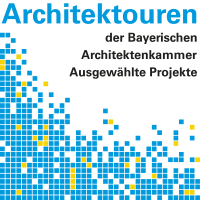 Ein Raster aus blauen und gelben Kästchen, die vor allem im linken unteren Bereich ungleichmäßig verteilt sind. Text: Architektouren der Bayerischen Architektenkammer. Ausgewählte Projekte