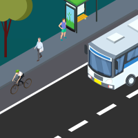 Die Animation zeigt einen Nahverkehrsbus an einer Bushaltestelle, Fußgänger und eine Fahrradfahrerin. Die Animation zeigt einen Nahverkehrsbus an einer Bushaltestelle, Fußgänger und eine Fahrradfahrerin.