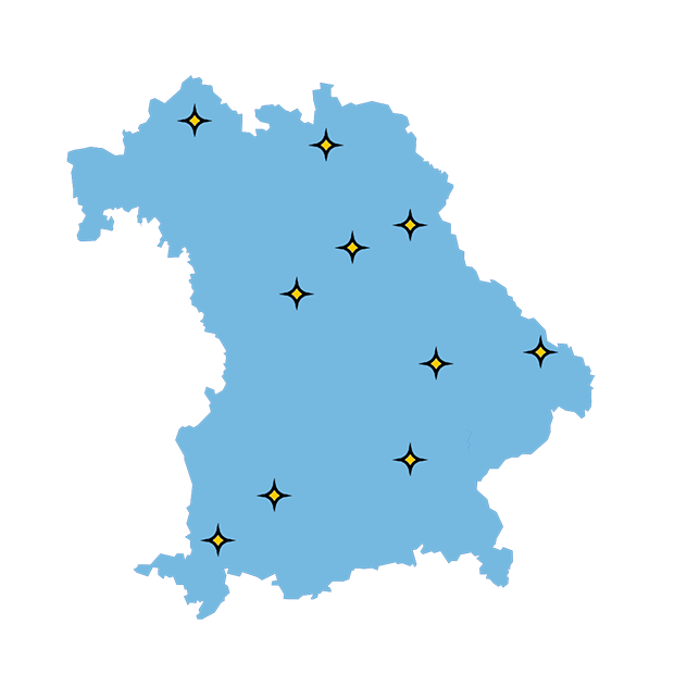 Bayernkarte mit zehn gelben Sternen an der Stelle der Modellkommunen Bayernkarte mit zehn gelben Sternen an der Stelle der Modellkommunen