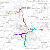 Kartenausschnitt mit den geplanten Radschnellverbindungen für die Region Nürnberg. Link zur vergrößerten Ansicht Kartenausschnitt mit den geplanten Radschnellverbindungen für die Region Nürnberg. Link zur vergrößerten Ansicht
