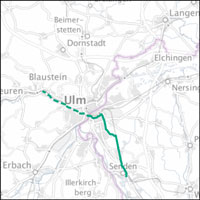 Kartenausschnitt mit der geplanten Radschnellverbindung für die Region Ulm. Link zur vergrößerten Ansicht Kartenausschnitt mit der geplanten Radschnellverbindung für die Region Ulm. Link zur vergrößerten Ansicht