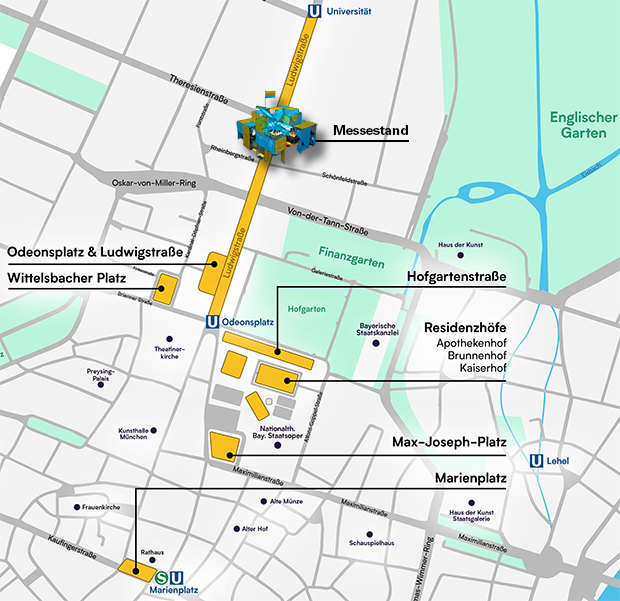 Übersichtsplan der Münchner Innenstadt mit den Standorten des IAA Open Space. Der StMB-Stand in der Ludwigstraße ist deutlich herausgehoben.