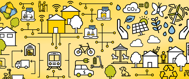 Grafische Darstellung der Innovationsfelder des Modellvorhabens Landstadt Bayern, die alle miteinander vernetzt werden. Text: Landstadt Blog - Einblicke in die Modellkommunen Grafische Darstellung der Innovationsfelder des Modellvorhabens Landstadt Bayern, die alle miteinander vernetzt werden. Text: Landstadt Blog - Einblicke in die Modellkommunen