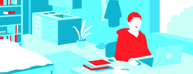 Die Illustration zeigt ein Studentenapartment, in dem ein Studierender am Schreibtisch arbeitet. Die Illustration zeigt ein Studentenapartment, in dem ein Studierender am Schreibtisch arbeitet.