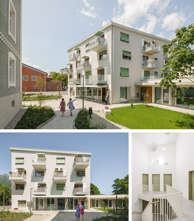 Eine Bilderserie zeigt einen Neubau mit öffentlichem Bereich im Erdgeschoss und drei Wohngeschosse auf den Balkone versetzt angeordnet sind. Eine Bilderserie zeigt einen Neubau mit öffentlichem Bereich im Erdgeschoss und drei Wohngeschosse auf den Balkone versetzt angeordnet sind.