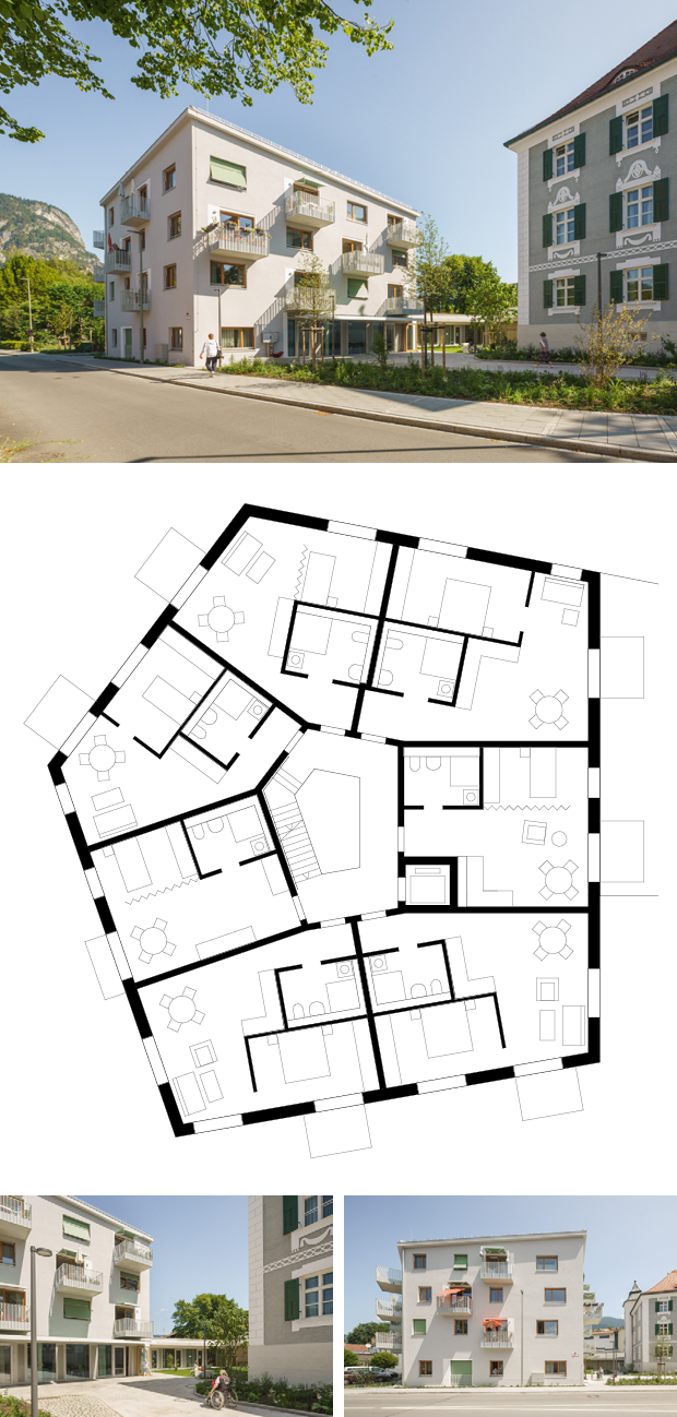 Der Grundriss zeigt ein Geschoss des Neubaus auf dem sich sieben gut funktionierende Wohnungen um ein polygonales Treppenhaus gruppieren. Der Grundriss zeigt ein Geschoss des Neubaus auf dem sich sieben gut funktionierende Wohnungen um ein polygonales Treppenhaus gruppieren.