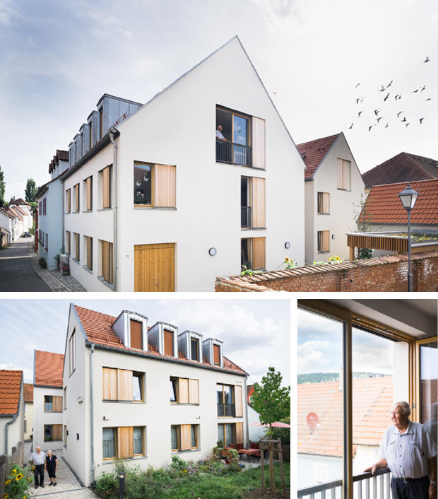 Eine Bilderserie zeigt ein barrierefreies Wohnhaus mit zwei Geschossen, das von Senioren bewohnt wird. Eine Bilderserie zeigt ein barrierefreies Wohnhaus mit zwei Geschossen, das von Senioren bewohnt wird.