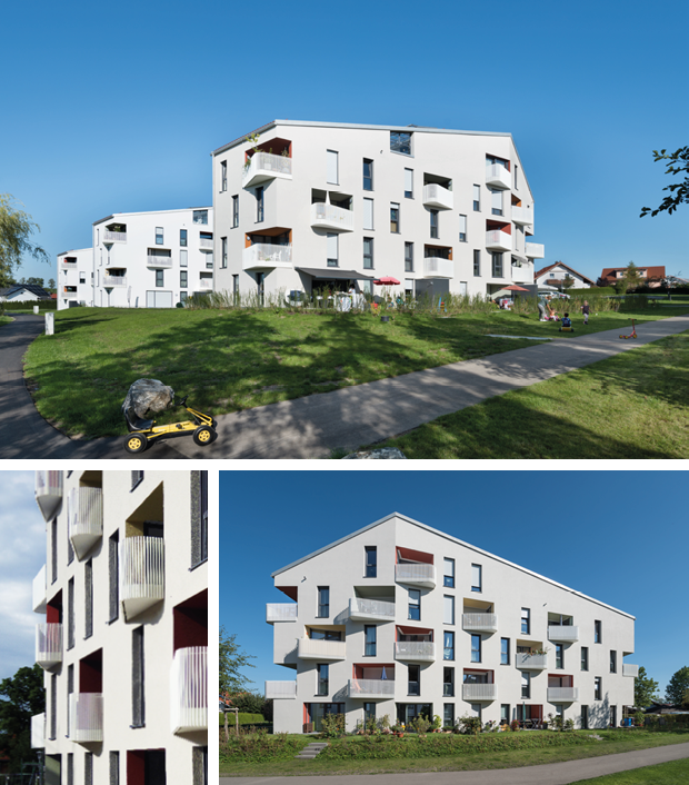 Eine Bilderserie zeigt ein Wohnhaus mit halbrund geformten Balkonen und einer langen assymetrischen Giebelform. Eine Bilderserie zeigt ein Wohnhaus mit halbrund geformten Balkonen und einer langen assymetrischen Giebelform.
